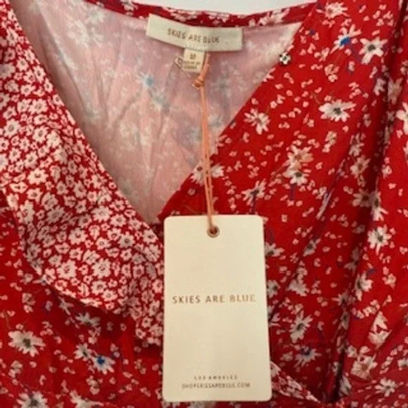 Skies Are Blue Red Floral Ruffle Wrap Dress Sleeveless Summer‎ Casual - Picture 2 of 4